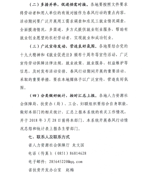貴州省人力資源和社會(huì)保障廳 貴州省扶貧開發(fā)辦公室 貴州省總工會(huì) 貴州省婦女聯(lián)合會(huì)關(guān)于開展貴州省2018年春風(fēng)行動(dòng)的通知（黔人社廳函〔2018〕52號(hào))